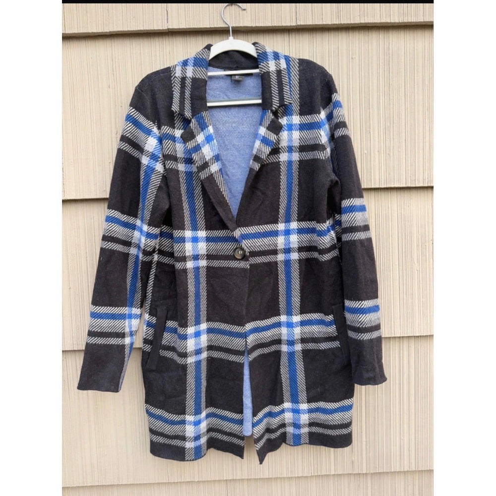 Tahari Womens Plaid Knit Cardigan Sweater Jacket Blue Black White Size Large
